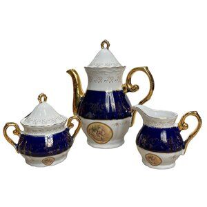 Vtg Italian Design Victorian Teapot Creamer Sugar Fine Porcelain Blue White Gold